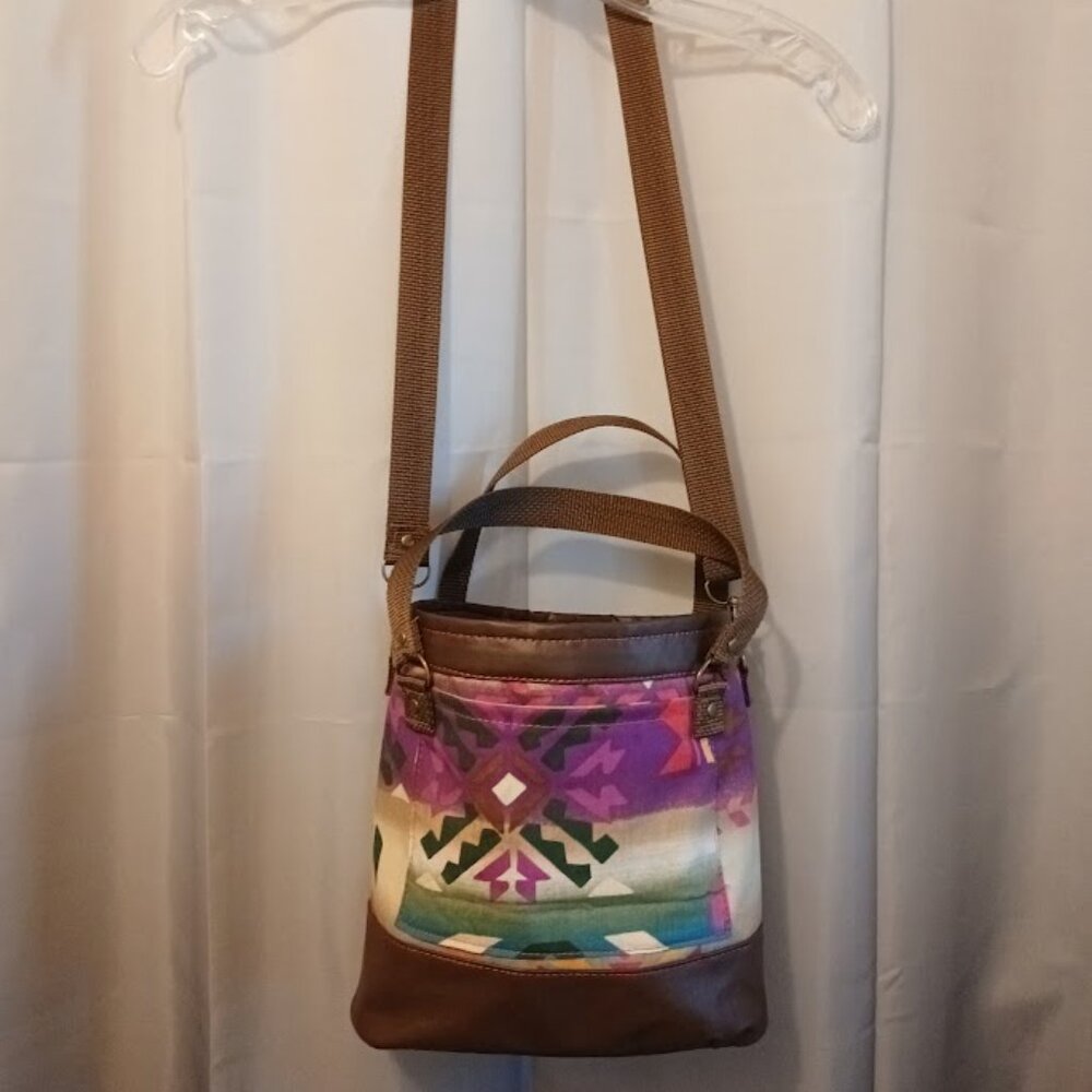 New Bucket Saddle Bag Purse Tote Brown Purple Chevron Aztec print Pleather